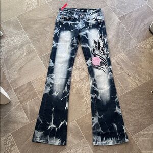 Crazy Age size 24/34 Women's tie die Blue Jeans Graphic embroidered butterfly